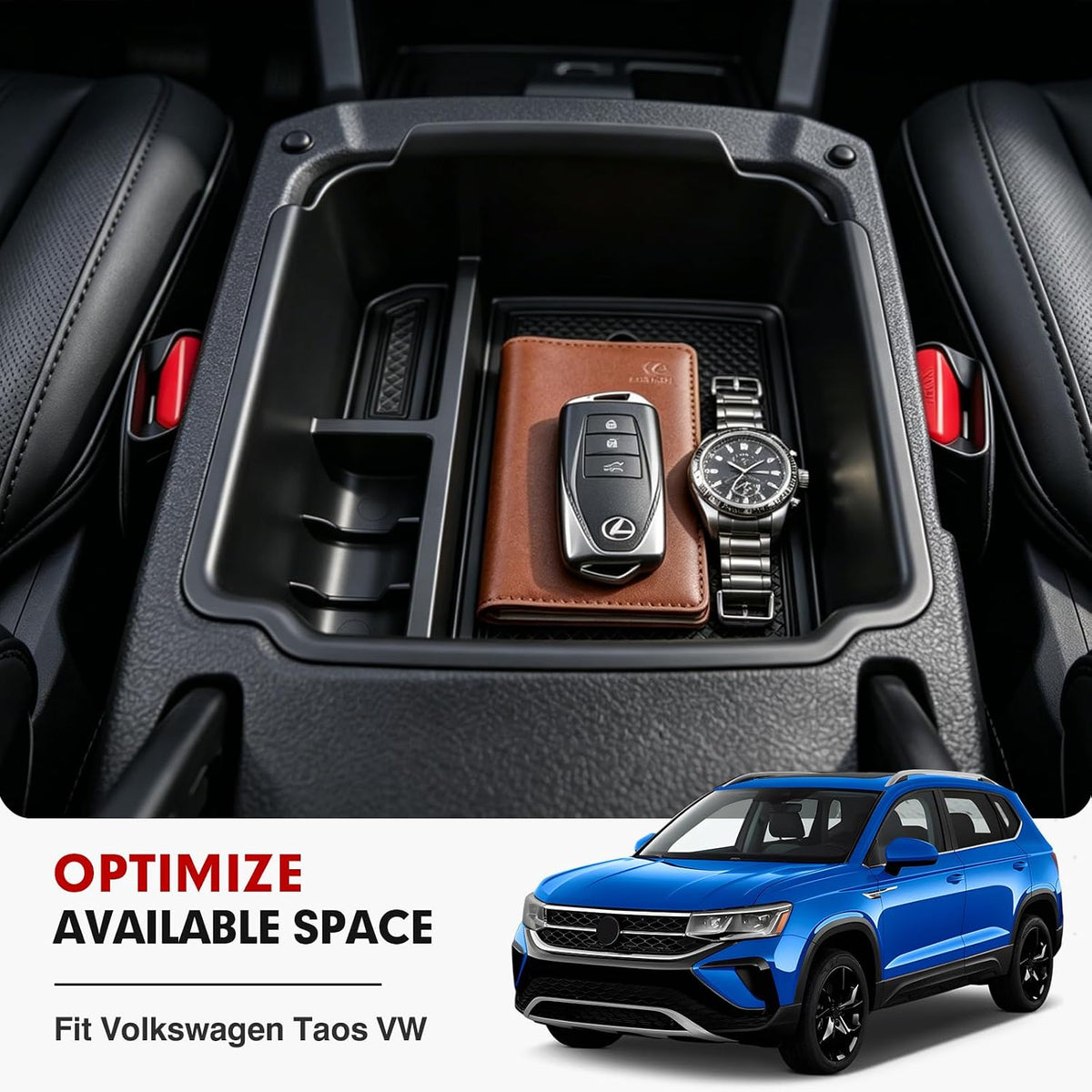 Autorder Center Console Organizer for 2022-2026 Volkswagen Taos/ 2018-2024 VW Tiguan,Taos/Tiguan Interior Accessories Armrest Storage Box Secondary Insert Tray with Non-Slip Silicone Mats
