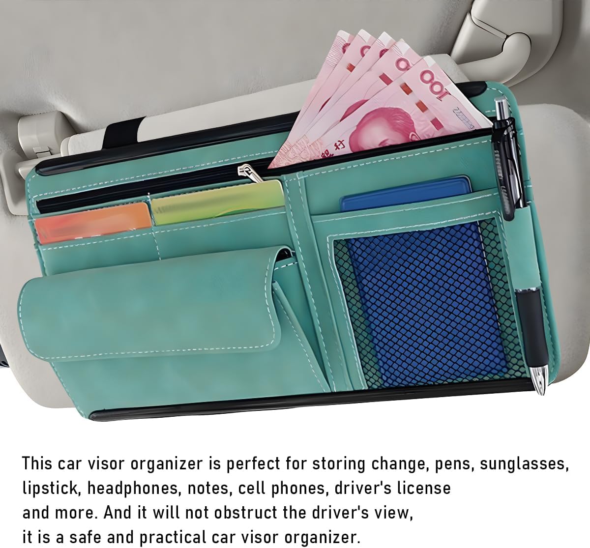 Yourkar Car Sun Visor Organizer, Soft Leather Surface Eyeglasses Note Card Holder Car Storage Bag, Scratch-Resistant Waterproof Auto Sunshade Organizer Bag, Car Accessories (Blue)