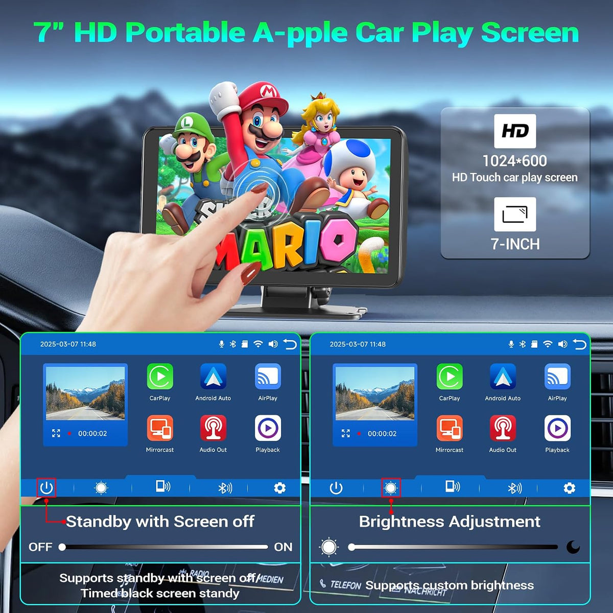 7" Portable Car Screen with Dual Dash Cam, Wireless CarPlay Android Auto
