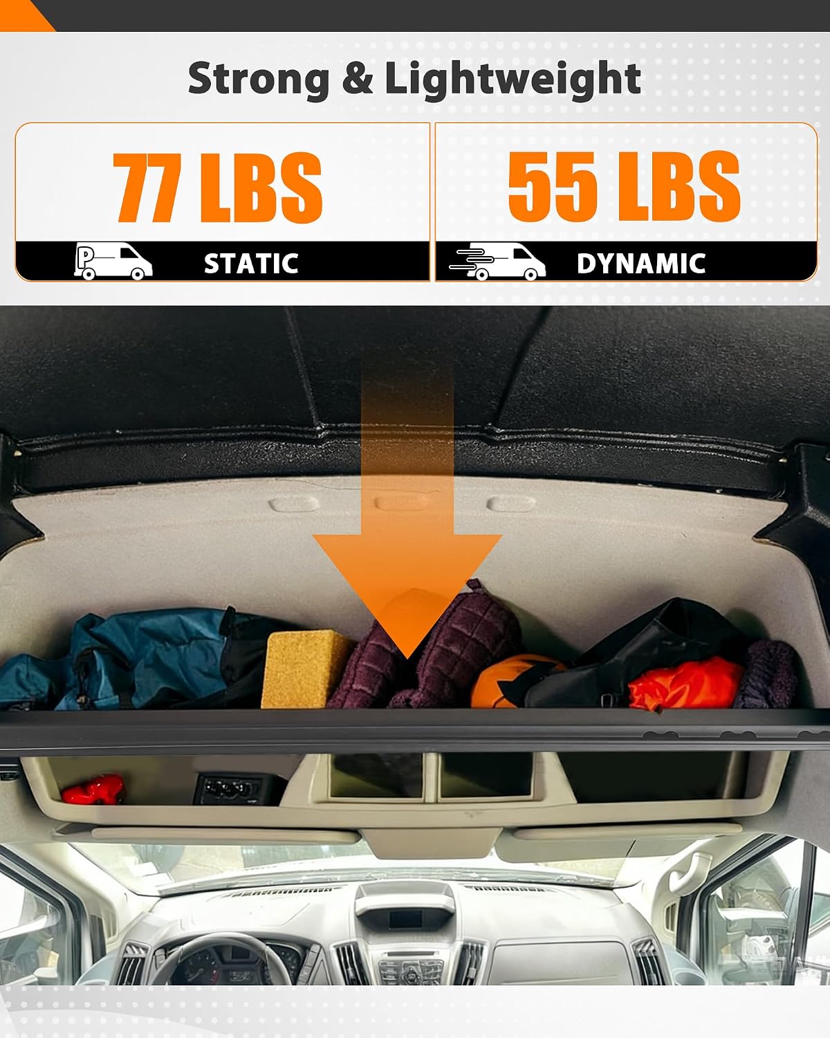 MELIPRON Van Headliner Shelf & Curtain Rod Fit for 2015–2026 Ford Transit Medium & High Roof, Overhead Storage Shelf with Modular Mounting Slots, No-Drill Installation for Organized Van Storage