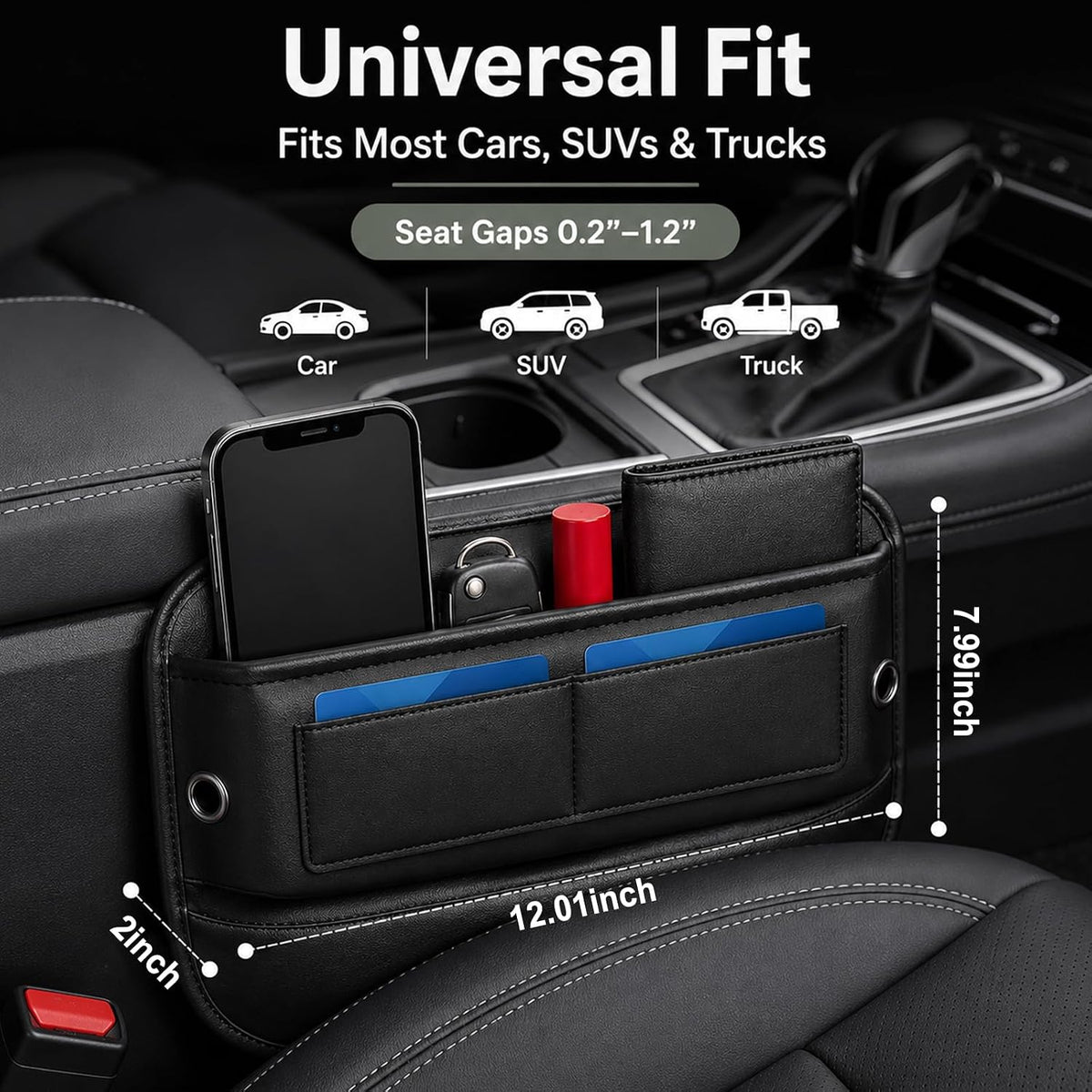 Car Seat Gap Filler Organizer, Front Seat Organizer with Card Slots, Black