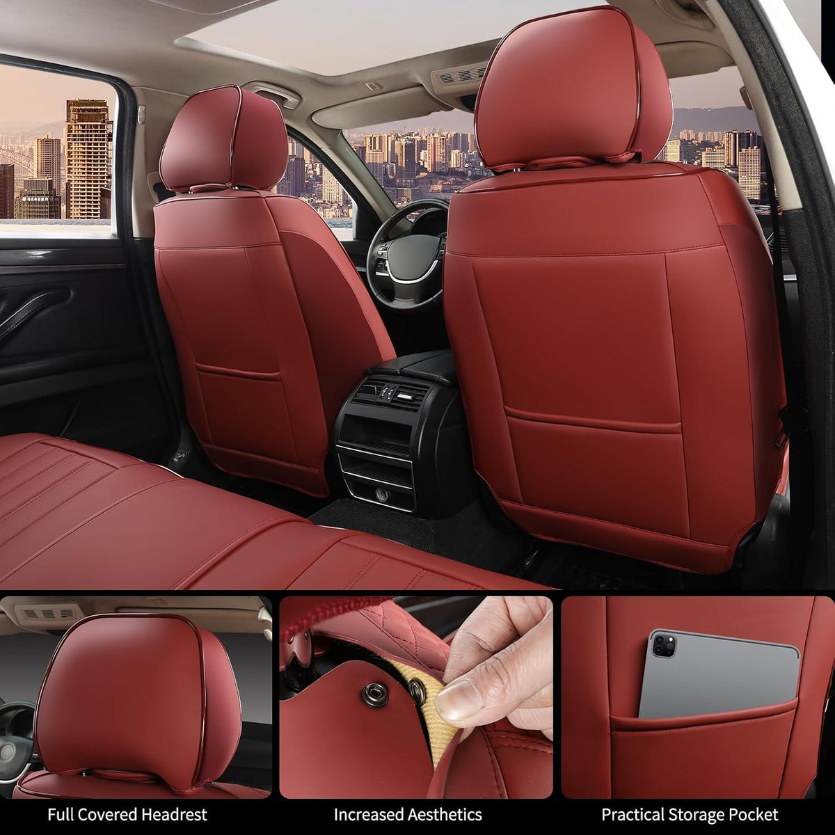 Red Car Seat Covers Full Set, Universal Leather Seat Cover for Cars 5 Seats, Waterproof and Breathable Automotive Seat Cover Front and Rear Seat Covers for Most Trucks, Sedans, SUVs