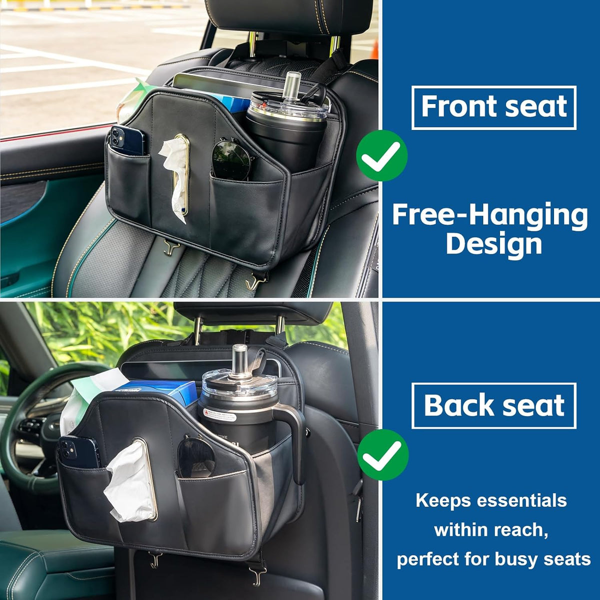 Multifunctional Car Tissue Holder,Back Seat Organizer with Cup Holder,PU Leather Car Headrest Seat Back Storage,Snack Organizers for Kids,Large Tissue Box Cover Fit Kleenex Tissues(50-230ct)