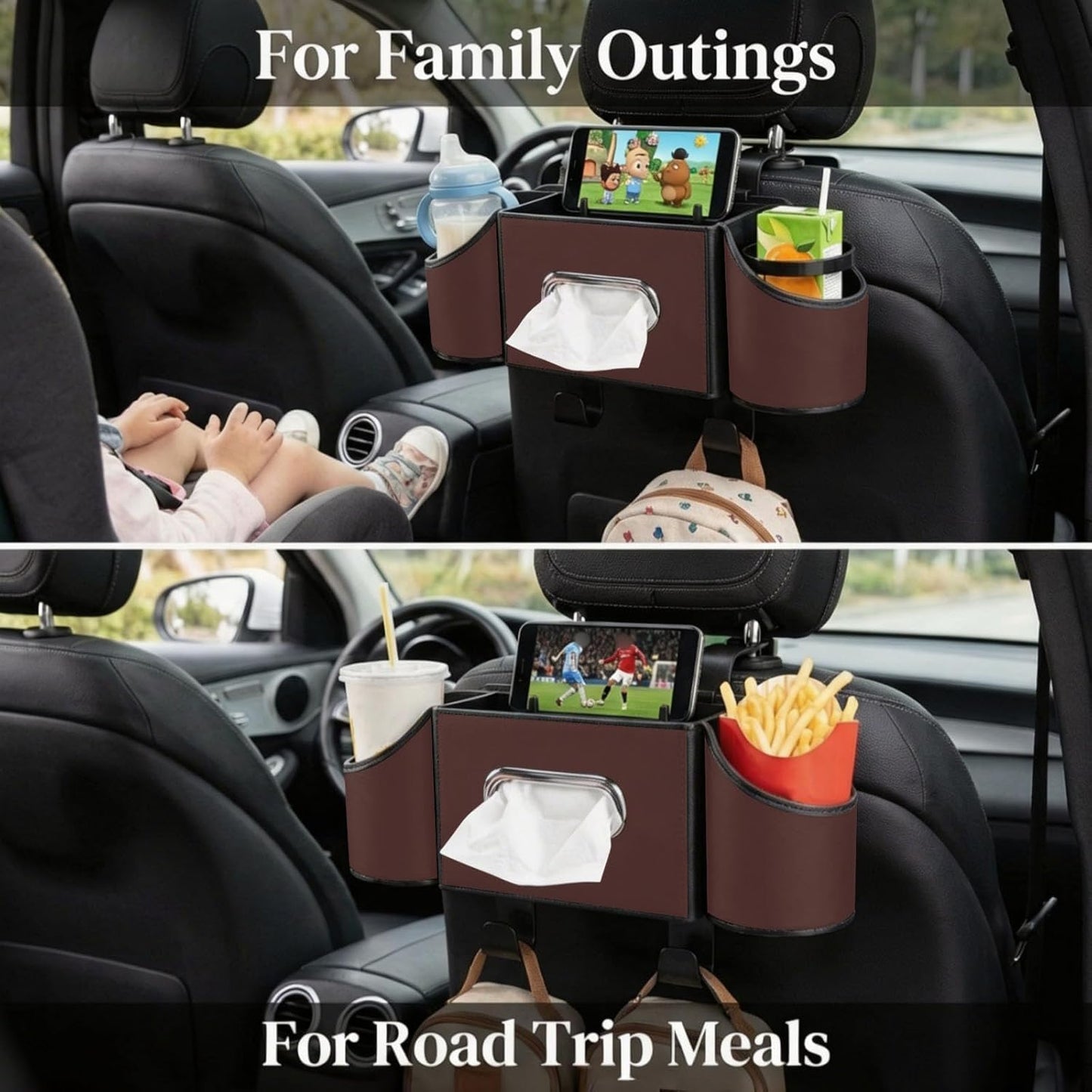 Back Seat Car Organizer, Nappa Leather Car Seat Organizer with Cup Holders and Tissue Box, Premium Hanging Storage Bag for SUV Truck Road Trip (Brown)