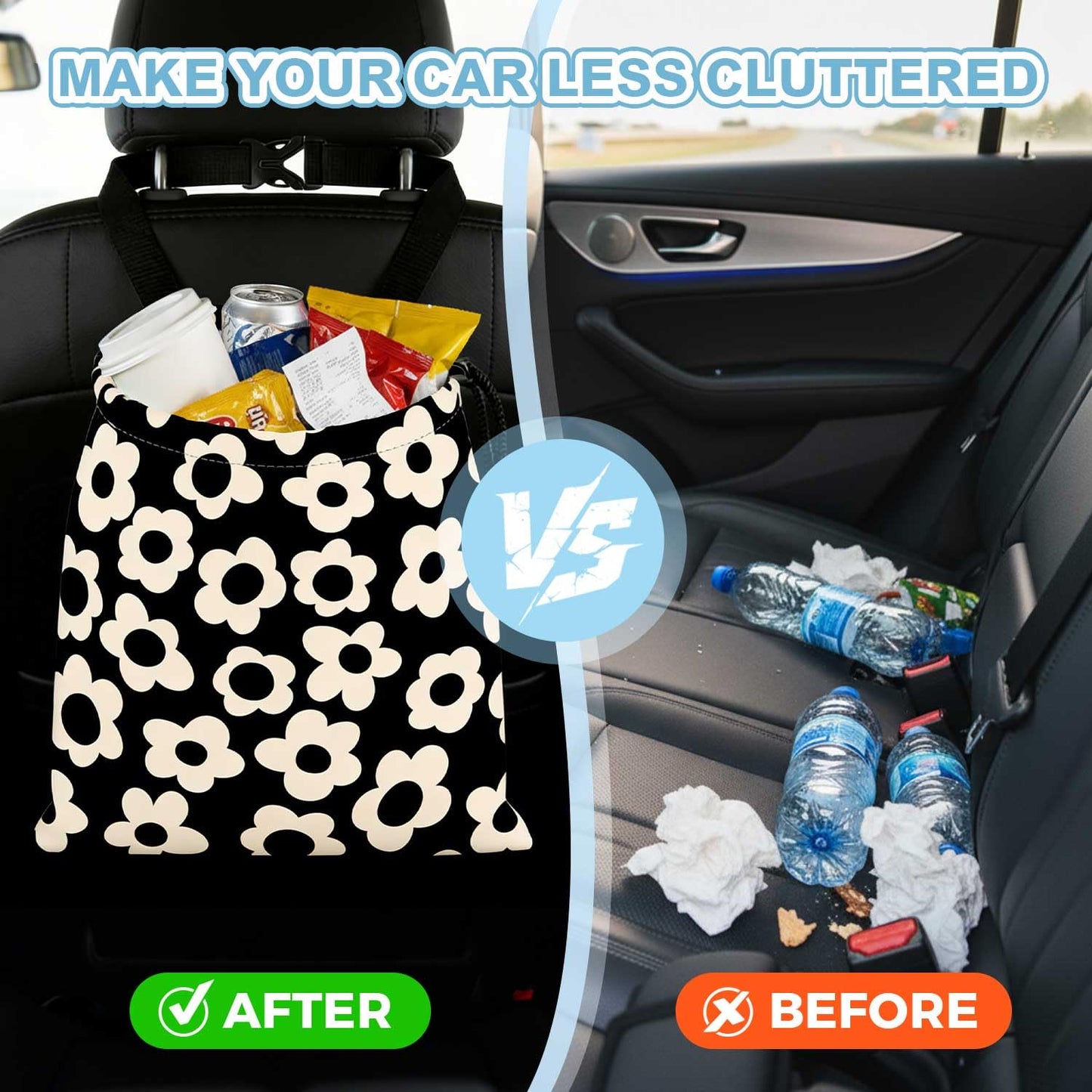 Black Flower Car Trash Bag - Waterproof Car Trash Bag Hanging Leakproof Car Garbage Bag - Washable Reusable Trash Bag for Car Interior Hanging Organizer Storage Vehicle Travelling Camping