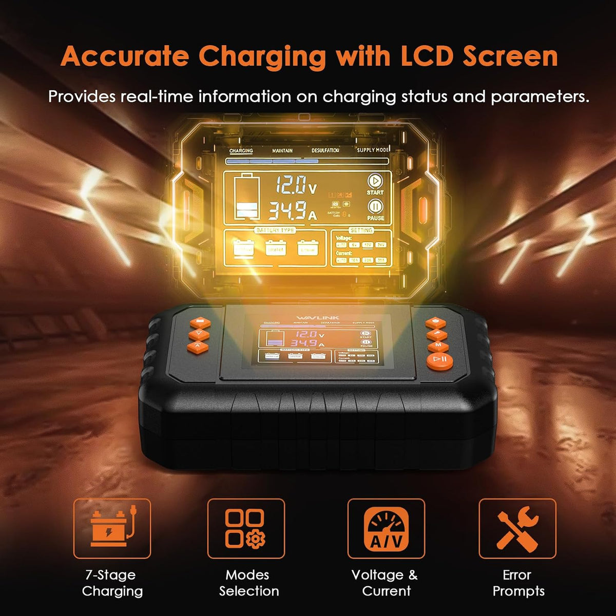 WAVLINK 35-Amp Smart Battery Charger, 6V/12V/24V Car Battery Charger