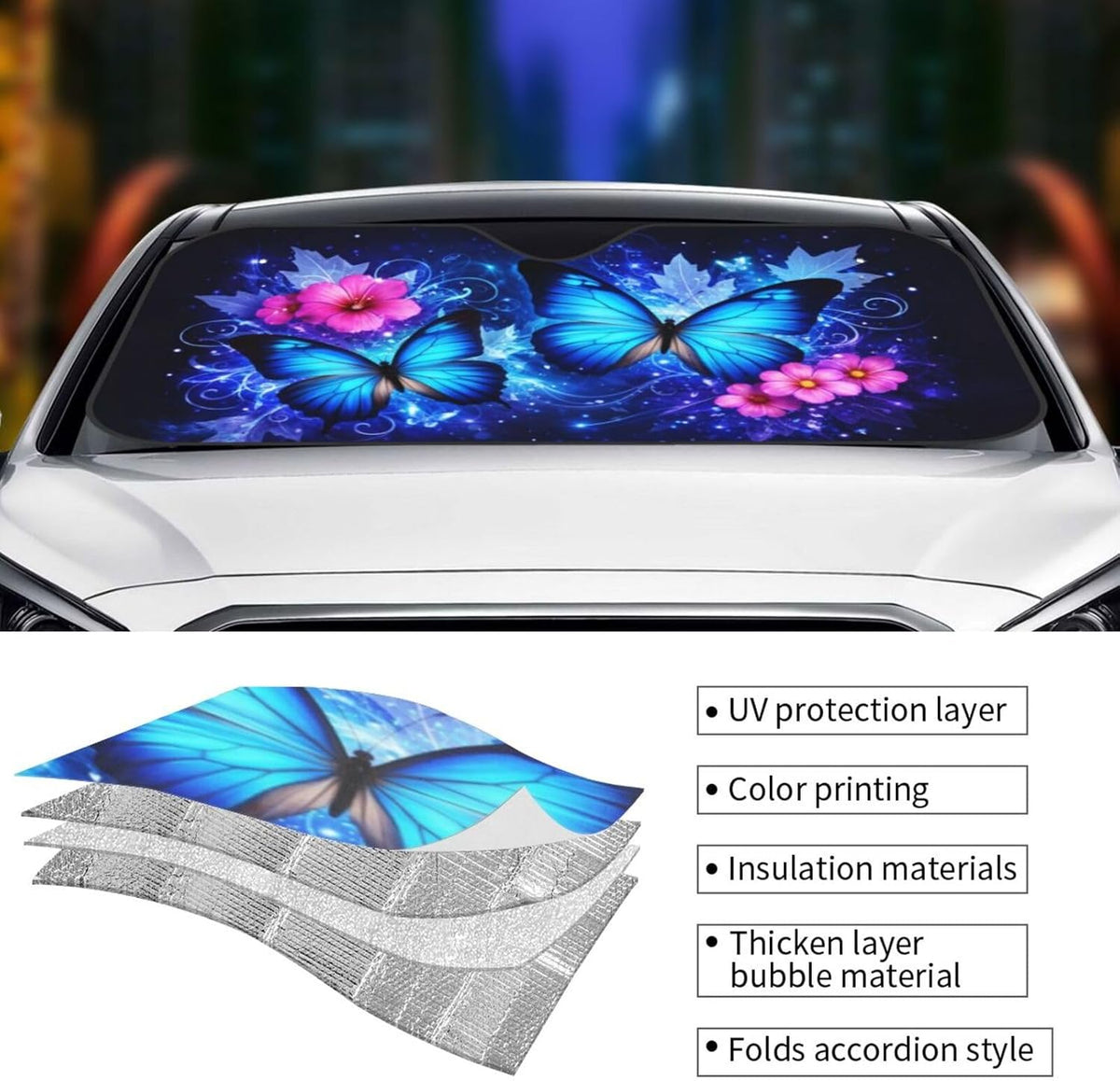 Windshield Sun Shade, UV Blocking and Keep The Vehicle Cool Car Windshield Sun Shade Foldable for Hatchback Truck SUV MPV (Blue Butterfly Floral, M)