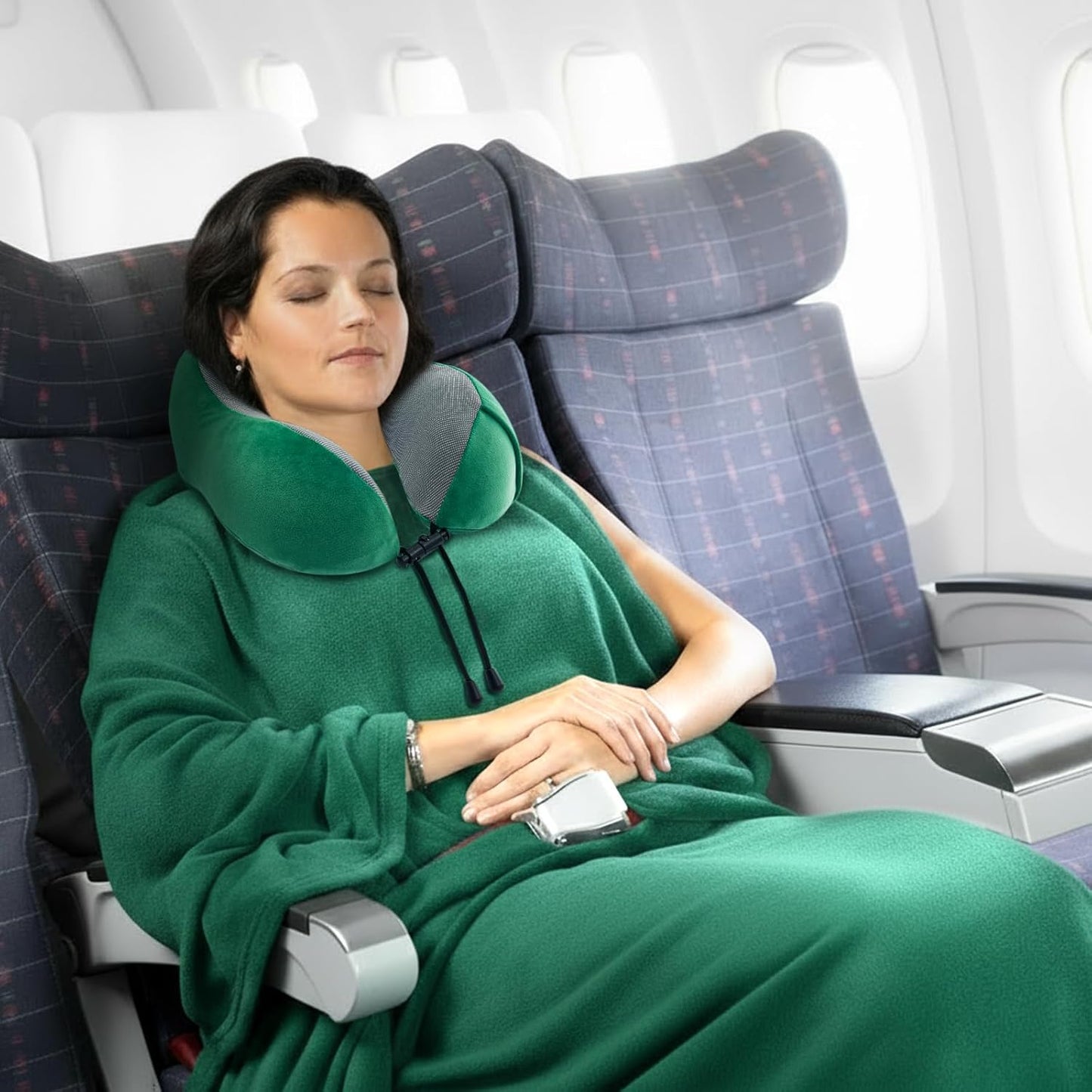 urnexttour Travel Pillow and Blanket Set Neck Pillows Travel Essentials with Sleep Mask for Airplane Car Memory Foam Green
