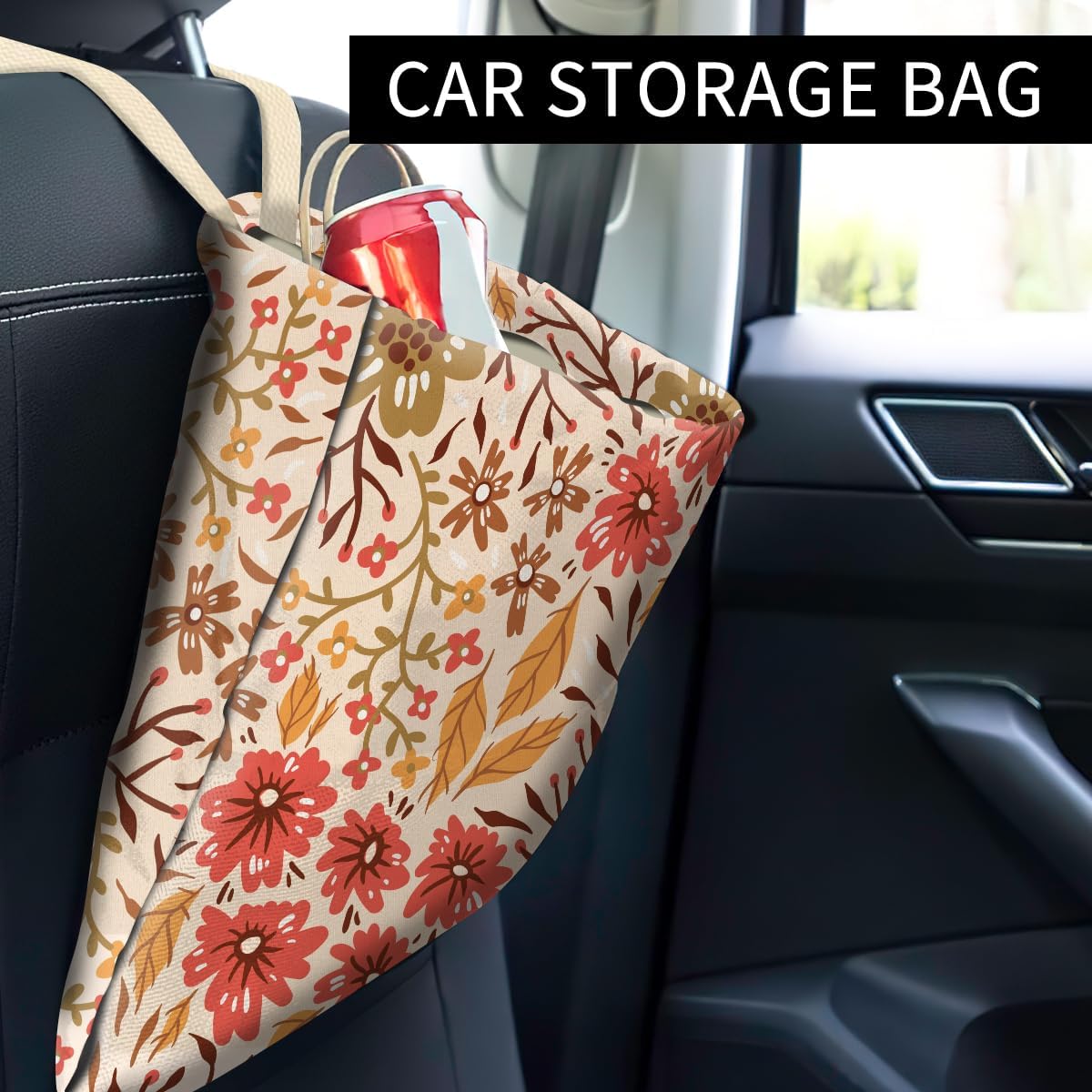 Car Trash Can, Cute Car Trash Bag, Hanging Car Organizer and Storage Bag, Trash Bin for Car Accessories, Vehicle, Travelling, Camping Boho Floral