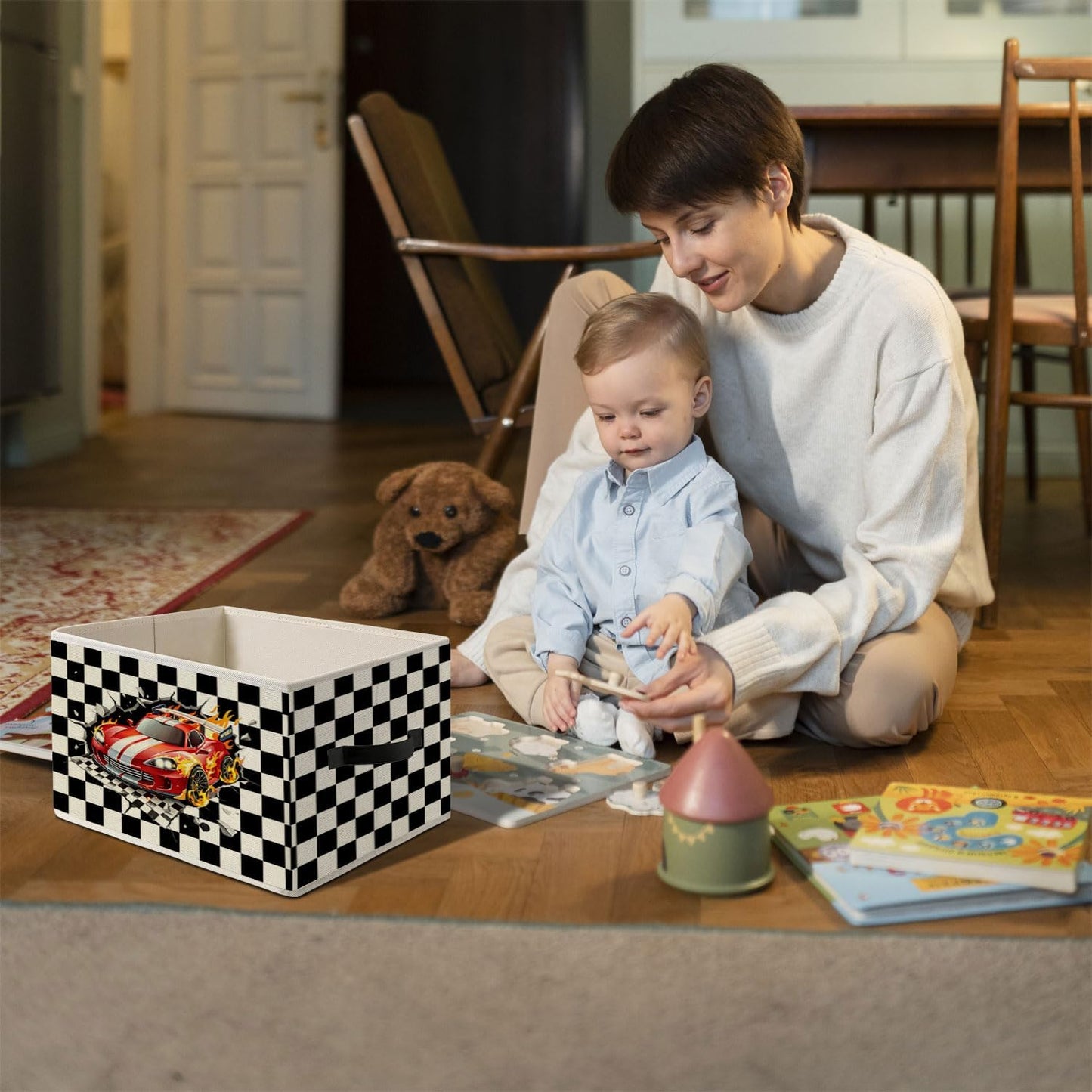 Racing Storage Bins Box,Race Car Room Decor | Ready Set Go Black Checkered Foldable Collapsible Storage Basket Organizer for Kids Nursery Bedroom Toys Playroom