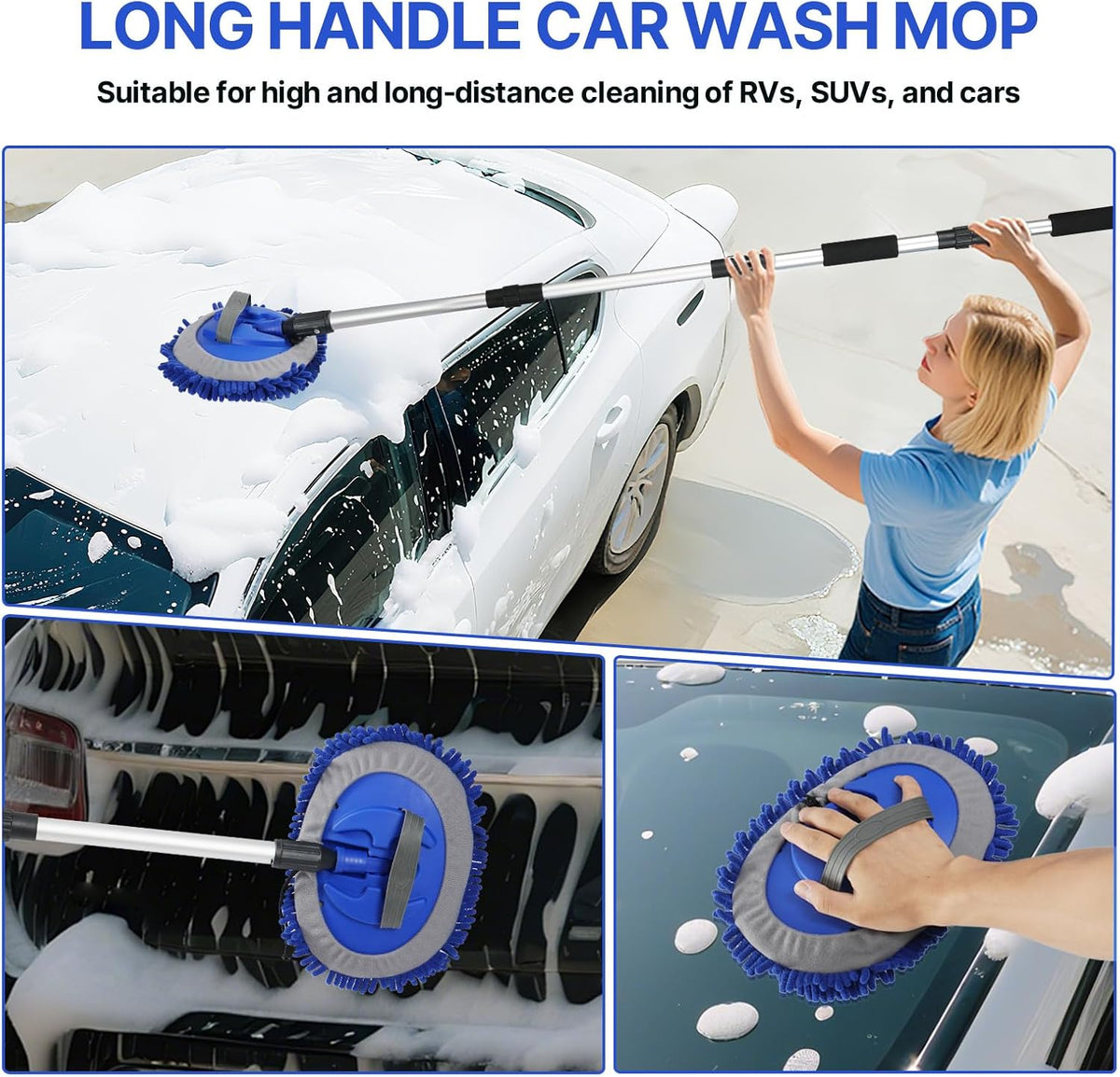 64'' Car Wash Brush with Long Handle, RV Flow-Through Wash Brush with Adjustable Handle, Anti-Scratch Plus Size Soft Car Wash Brush Mop with Hose Attachment Car Wash Kit for SUV RV Truck Boat
