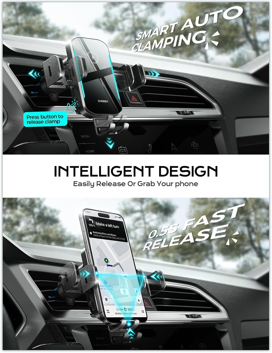 Wireless Car Charger, 15W Fast Charging Car Phone Holder Charger Auto-Clamping Air Vent Car Phone Mount with Blue LED Backlit for iPhone 16 15 14 13 12, Samsung S24 S23 S22, etc