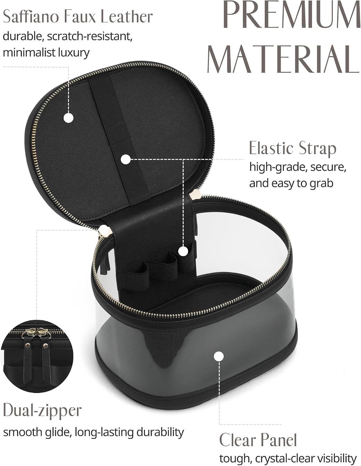 Popvibe Travel Makeup Bag Clear Compact Make Up Vanity Case with Brush Storage and Top Handle, Toiletry Makeup Case Traveling Leather Cosmetic Bag, Portable Medium Large Sized Train Case, Black