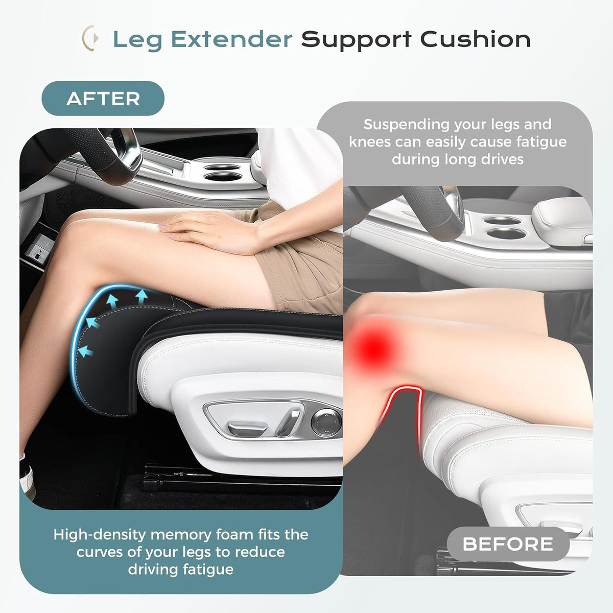Coverado Car Seat Extender Leg Support Cushion, Leg Rest Cushion for Driver Seat, Universal Car Seat Leg Support, Leather Car Seat Cushion, Waterproof Leg Extension Pad for Long Driving (Update,Black)
