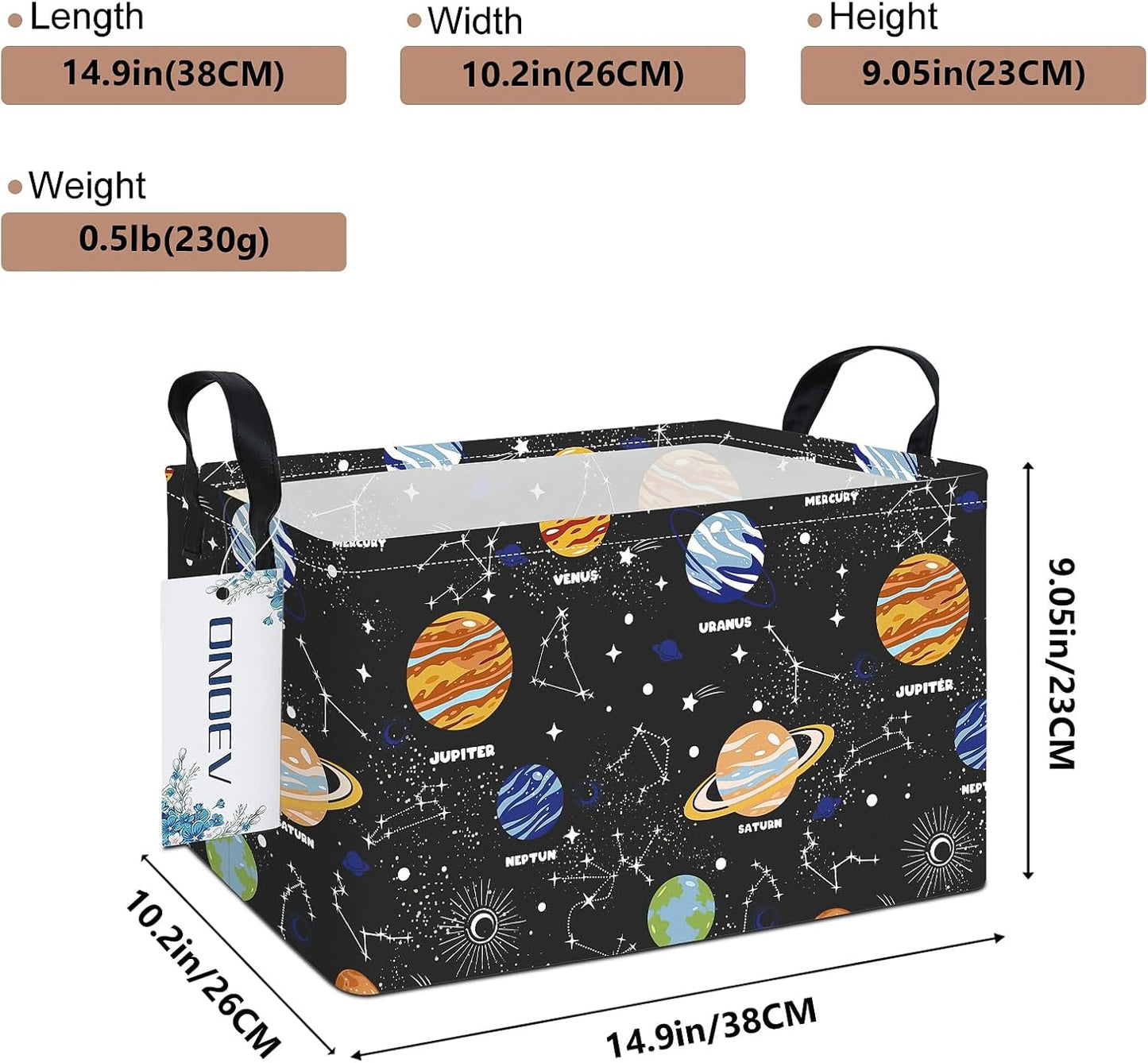 Rectangular Solar System Planet Storage Bin, Closet Organizer Basket | Moisture repellent textile, reinforced carry grips, collapsible holder tidies cabinet and teenage bedroom belongings