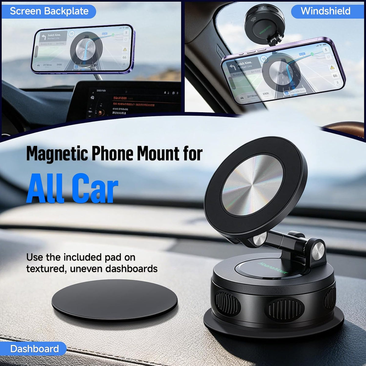 Magnetic Phone Holder for Car Dashboard Windshield Mount Strong Suction Cup