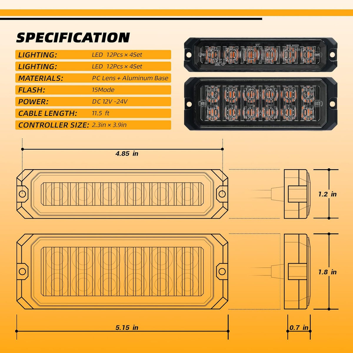 8-pcs Ultra Slim Amber White LED Emergency Flashing Strobe Lights for Vehicles, Trucks, and Cars Sync Feature Surface-Mount Beacon Hazard Light with Controller and Wiring Harness