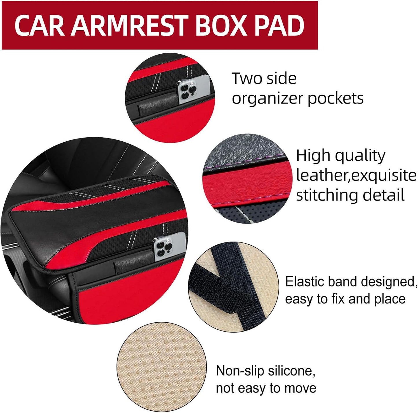 NBTEPEM Red Center Console Cover, Sporty Leather Armrest Cover Cushion with 2 Storage Pockets, Universal Auto Middle Console Protector, Car Interior Accessories for Most SUV, Truck, Sedan Vehicles