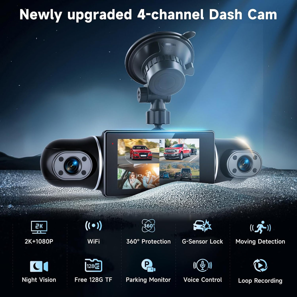 4 Channel Dash Cam with Front Rear Left Right Cameras, 360° Car Camera System for Driving & Parking, Night Vision, Parking Monitor, G-Sensor, Loop Recording, Multi-Camera Dashcam+64GB Card
