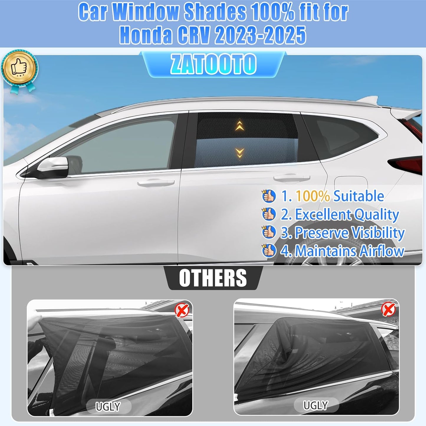 ZATOOTO Car Window Shades Honda CRV 2023-2025 for Rear Window 2Pack car Shades for Back Windows Baby & Pet | Blocks 99% UV Rays & Heat | Breathable Mesh for Privacy & Bug Protection | Camping & Travel