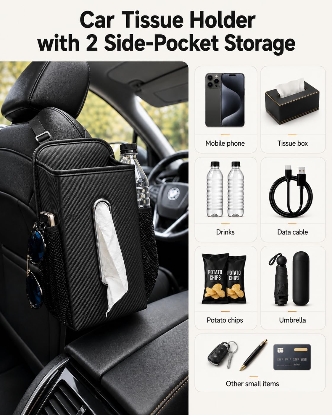 Leather Car Tissue Holder for Front & Back Seats, Car Tissue Box with 2 Side Mesh Pockets, Wide Metal Opening for Easy Pull, Fits 100–160 Count Rectangular Tissue Boxes, Carbon Fiber