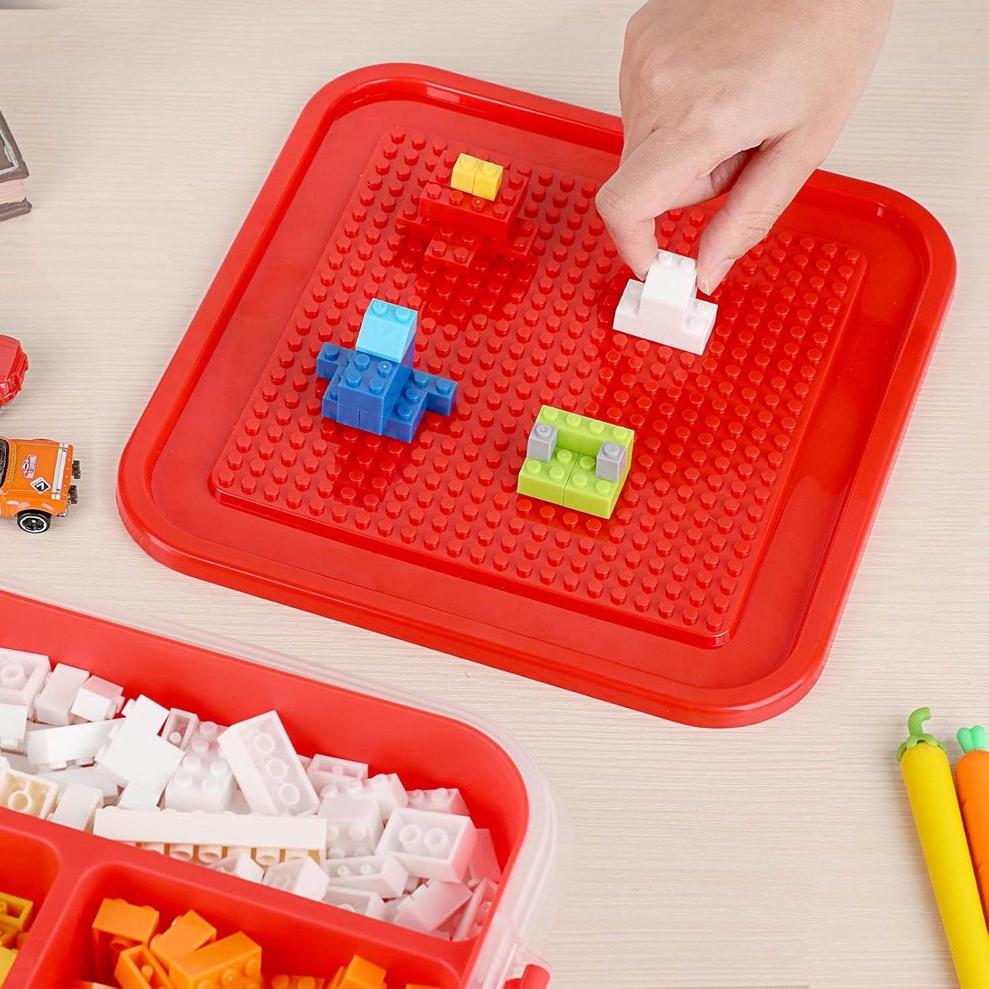 Plastic Storage Container with Bricks Baseplate Lid for Building Blocks, Bricks Building Set Organization Bin with Compartments Tray, Stackable Storage Box Building Block Chest Case (Red)