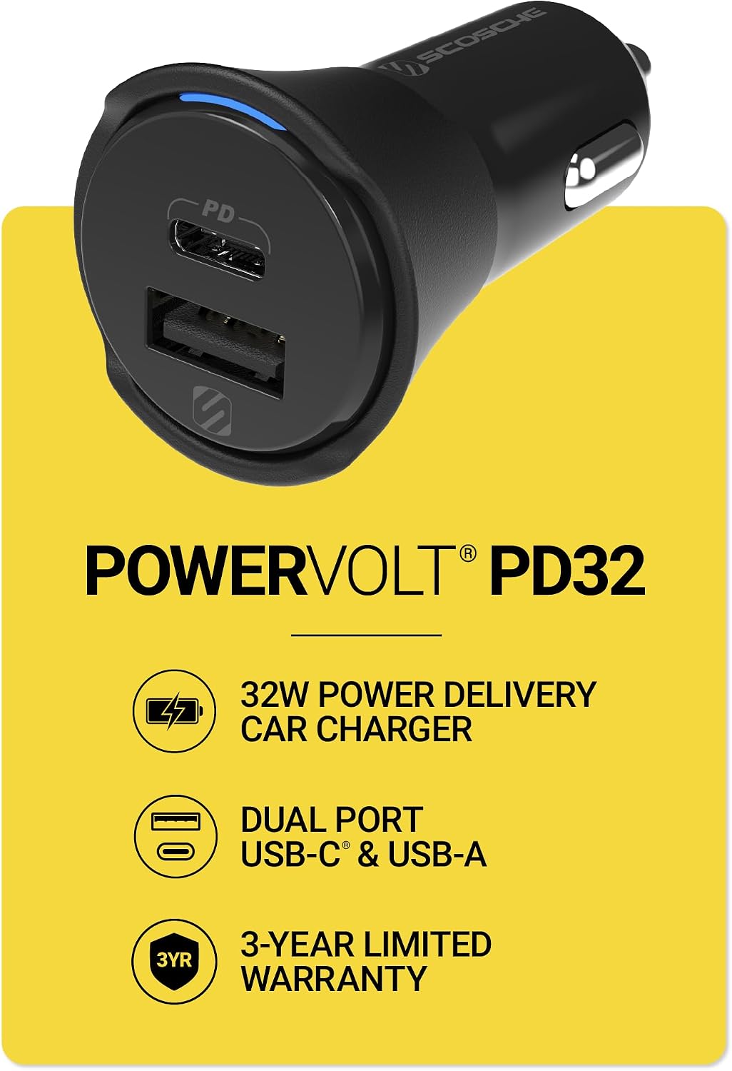 Scosche PowerVolt Power Delivery 32W Dual Port USB-C Car Charger Adapter