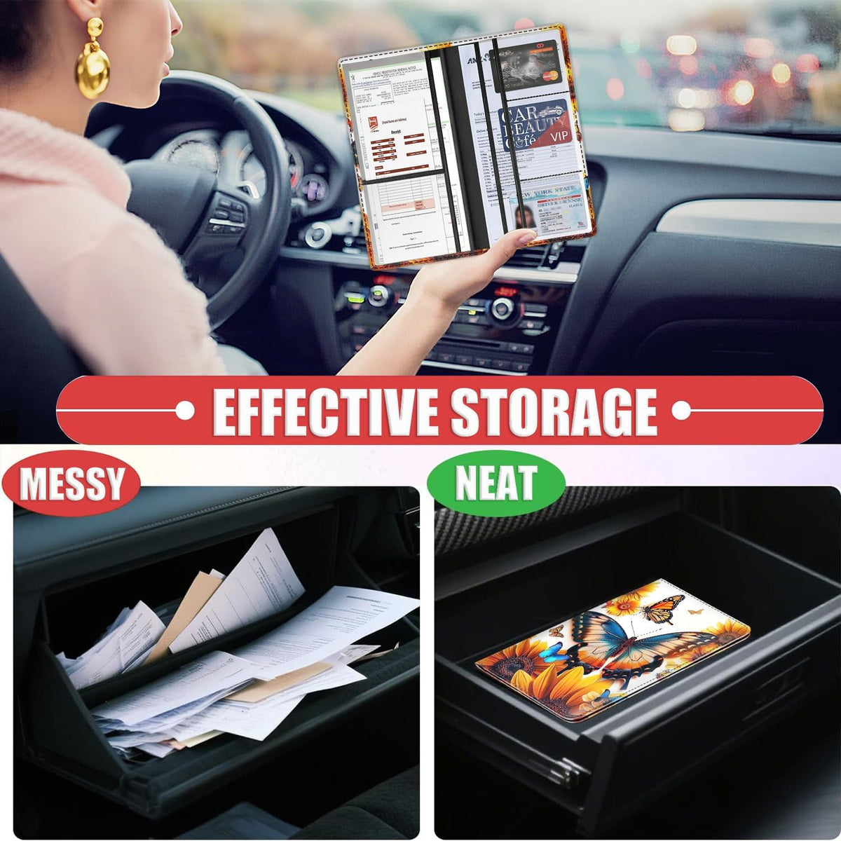 Car Registration Holder, Waterproof PU Leather Vehicle Card Document Glove Box Organizer, Women Interior Auto Accessories Case for Cards, Driver License Car Insurance Holder, Butterflies + Sunflowers