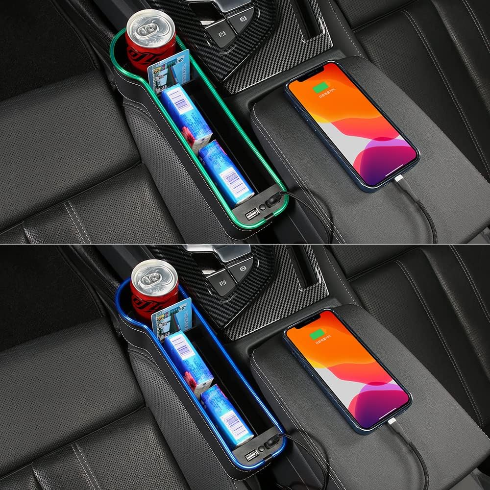 2 Pack Car Seat Gap Organizer,Multifunctional Seat Gap Storage Box with USB Fast Charger, Car Seat Pockets with Led Light, Car Seat Gap Filler with Cup Holder (Black)