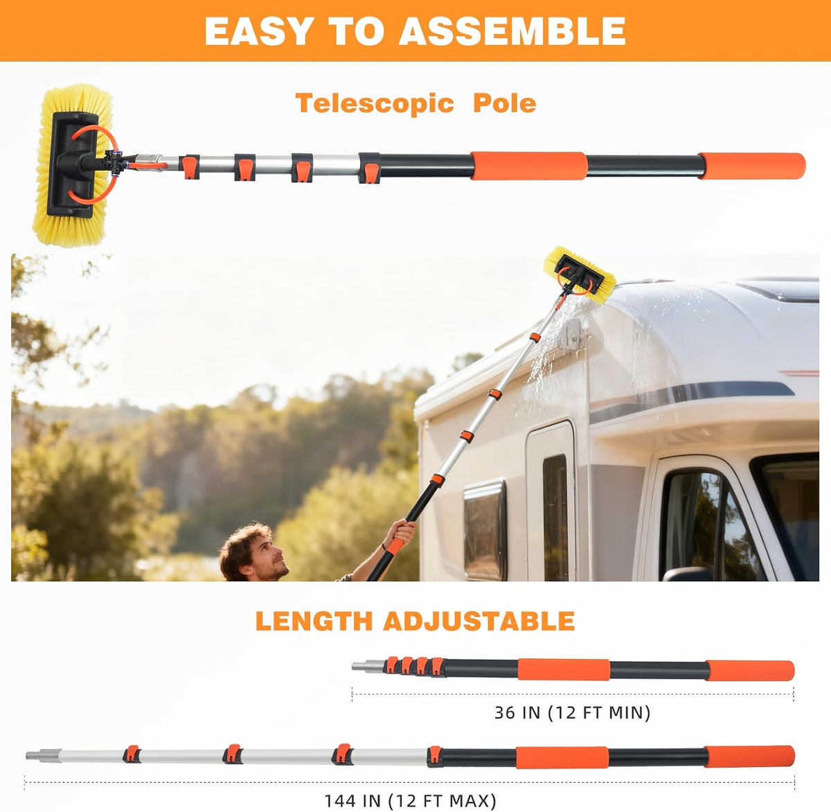 12FT Car Wash Brush with Long Handle Hose Attachment Telescopic Pole with Angle Adapter 12" Soft and Hard Bristle Cleaning Brush for Car Truck RV House Floor Window Roof Pool Solar Panels