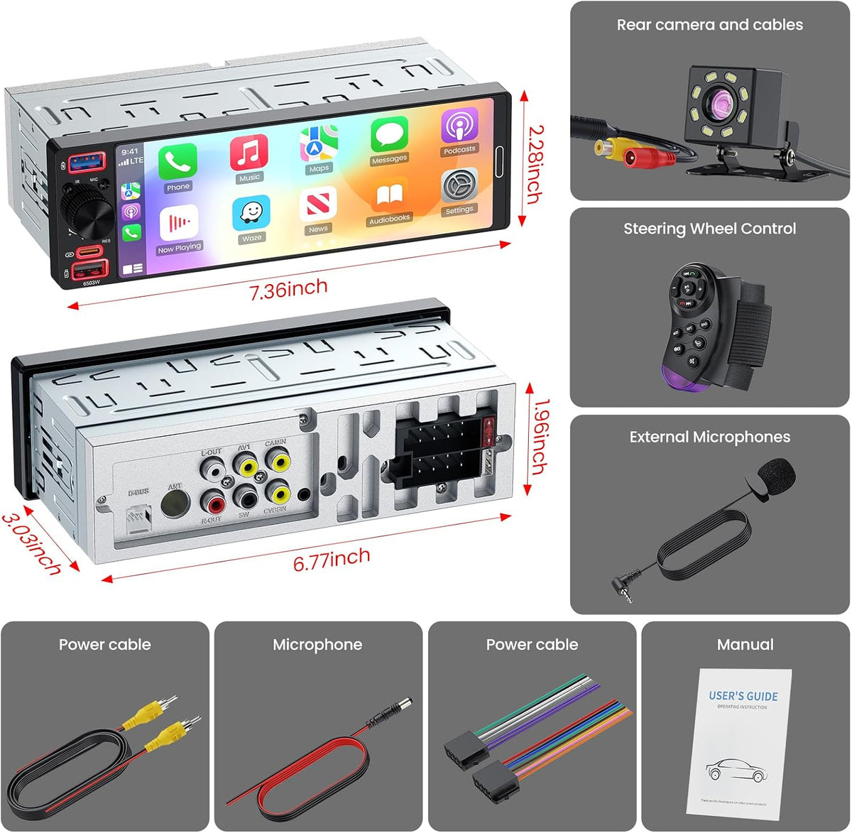 Single Din Radio Car Stereo with Apple CarPlay & Android Auto, 6.5” InCell Touchscreen Car Radio with 1080P Backup Camera, Mirror Link, Bluetooth 6.0, GPS, AM&FM, USB & Type-C Fast Charging