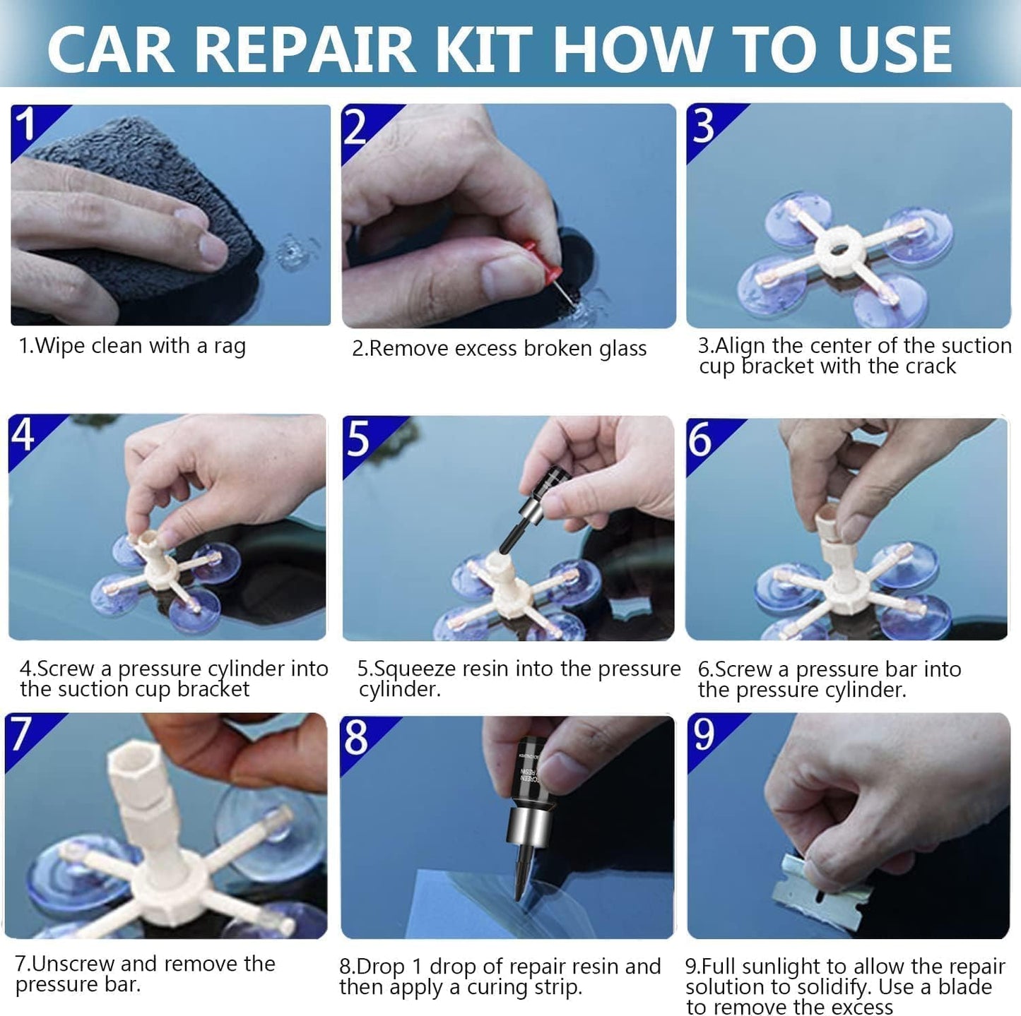 Windshield Repair Kit, Windshield Crack Repair Kit,2 Pcs Car Glass Repair Kit Quick Fix for Chips & Cracks, Windshield Chip Repair Kit, Automotive Nano Repair Kit（Blue）