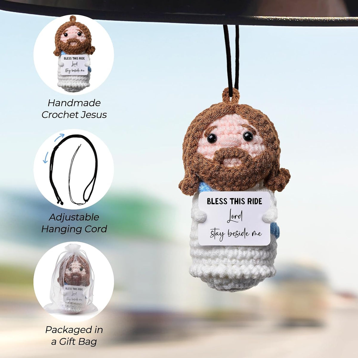 Bless This Ride Handmade Crochet Jesus Rearview Mirror Charm, with Safe Drive Blessing, Gift for Husband, Boyfriend or a Loved One, New Car Gift, Christian Car Accessory,Gifts for Father's Day.