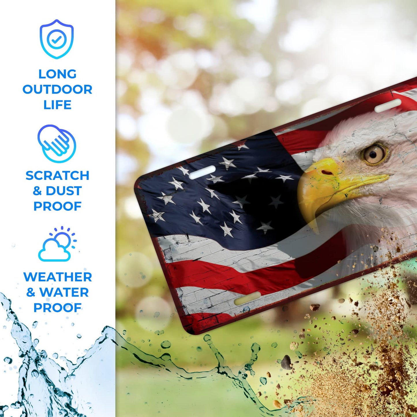 Decorative American Flag Front License Plate with Eagle Novelty Car Sign, 6x12 Inches, Rust Free .040 Aluminum, Fade Resistant, Made in USA