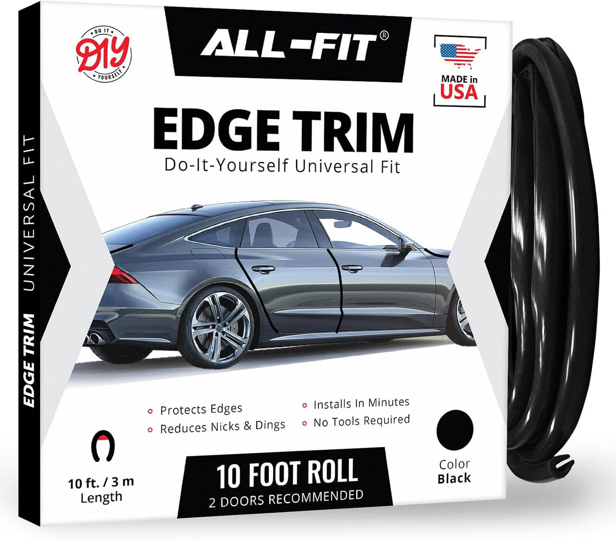 All-Fit Automotive Car Door Edge Protector Made in the USA (10 Ft - Black)