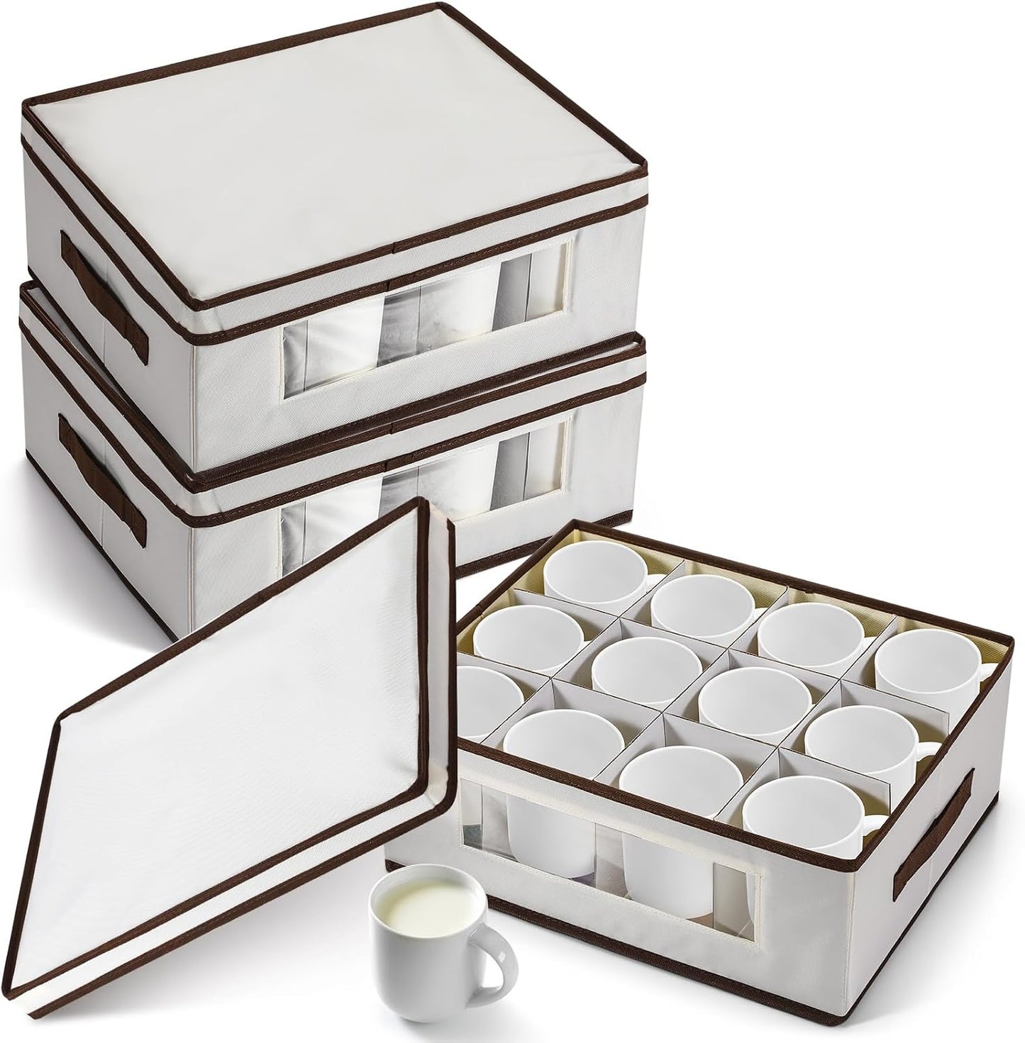 Norme 3 Pack Mug Storage Box with Dividers, 12 Compartments Stemware Storage Cases Champagne Flute Box with Lid Handle Window, Stackable China Container Organizer for Moving