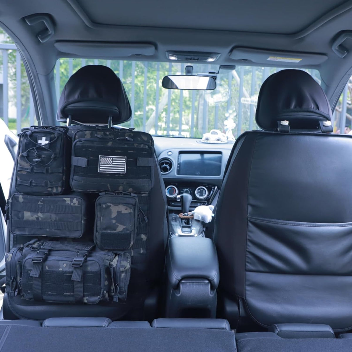 Universal Tactical Car Seat Back Organizer Bag Tactical Molle Vehicle Organizers Panel Vehicle Protector Organizers with 5 Detachable Pouches for Car Truck Ford Jeep (Upgraded C model Black camo)