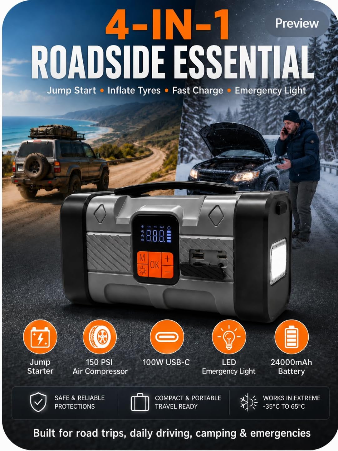 Jump Starter with Air Compressor, 1600A Car Battery Jump Starter, 150PSI Portable Tire Inflator with Auto Shut-Off, 24000mAh Power Bank with 100W Two-Way USB-C, 3-Mode LED Roadside Emergency Kit
