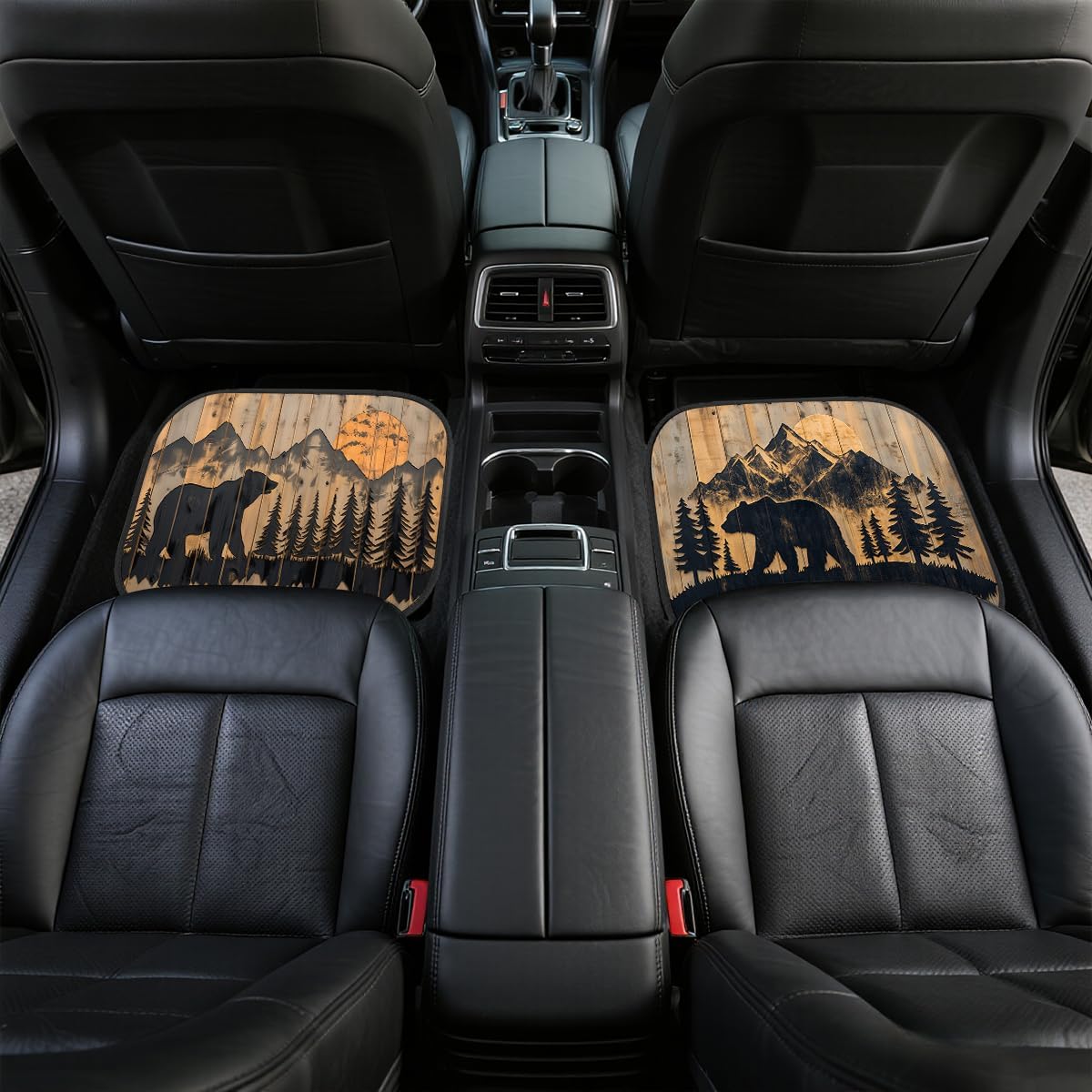 Bear Car Floor Mats Set of 4 Mountain Sunset Forest Silhouette Rustic Automotive Foot Mats Rugs Carpet for Car Non-Slip Auto Car Accessories Universal Fit Car Accessories for Truck