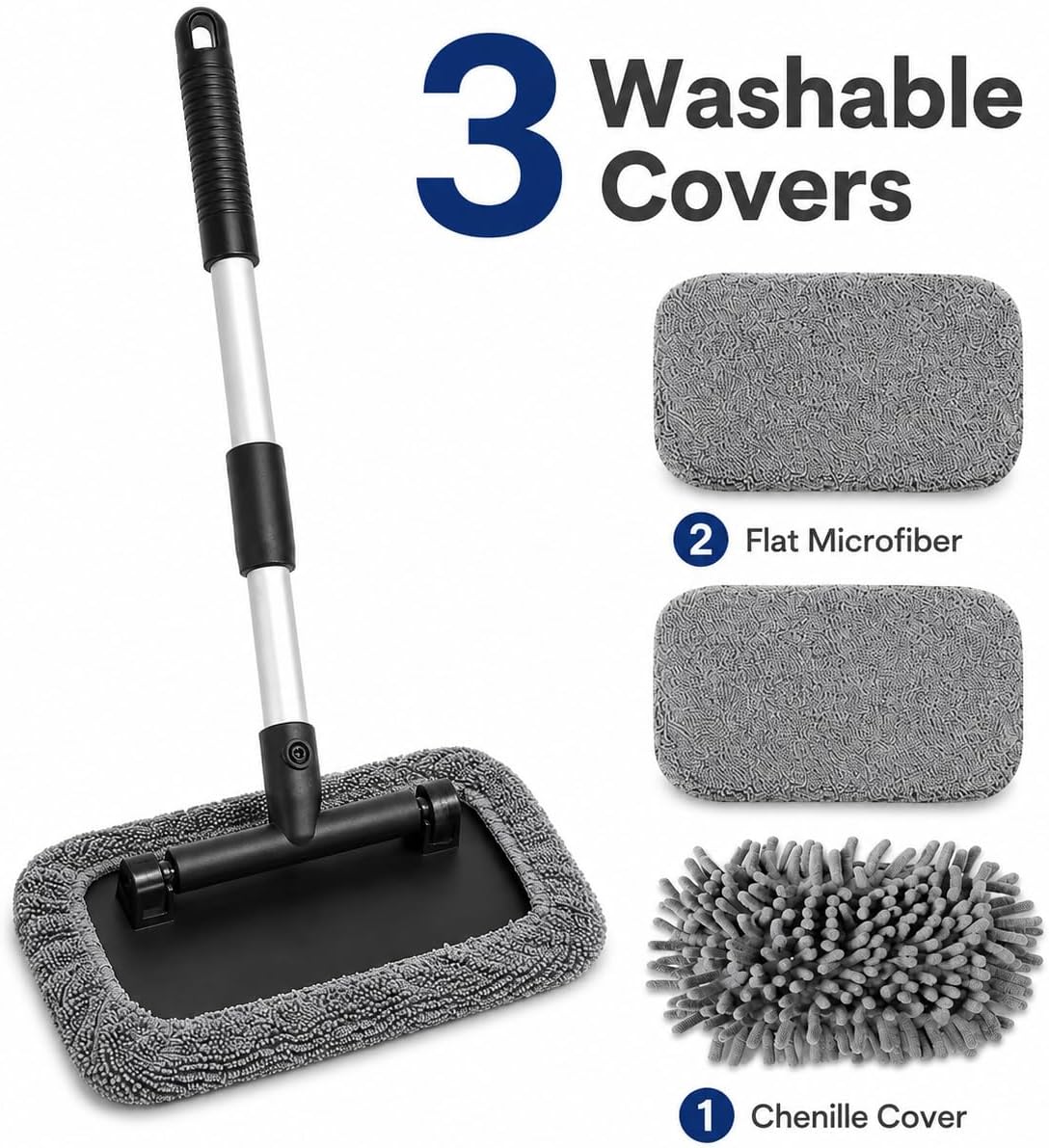 Windshield Cleaner Tool, Extendable Car Windshield Cleaning Tool with 180° Rotating Head, Interior Windshield Cleaner for Cars and Windows, 3 Washable Microfiber Covers