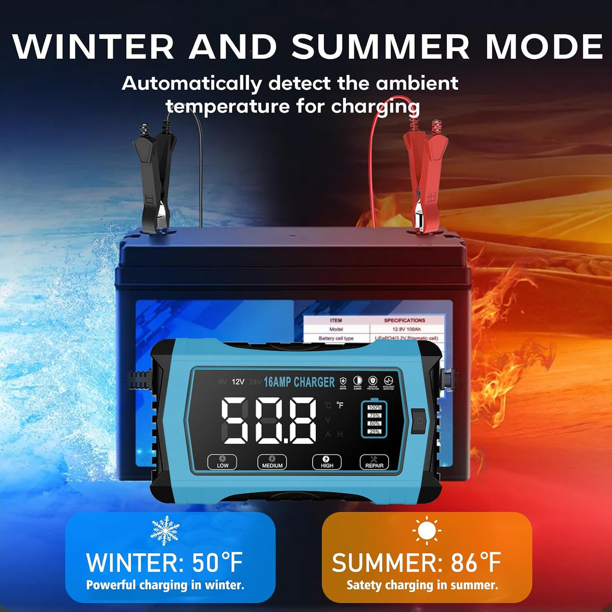16A Battery Charger, 6V/12V/24V, Battery Maintainer Trickle Charger for Car