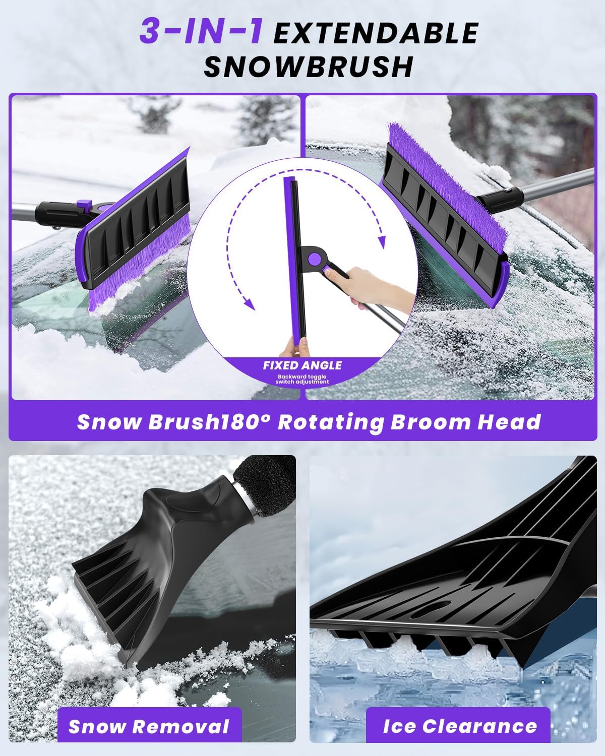 helloleiboo 55.7" Extra Long Ice Scraper with Snow Brush, Purple