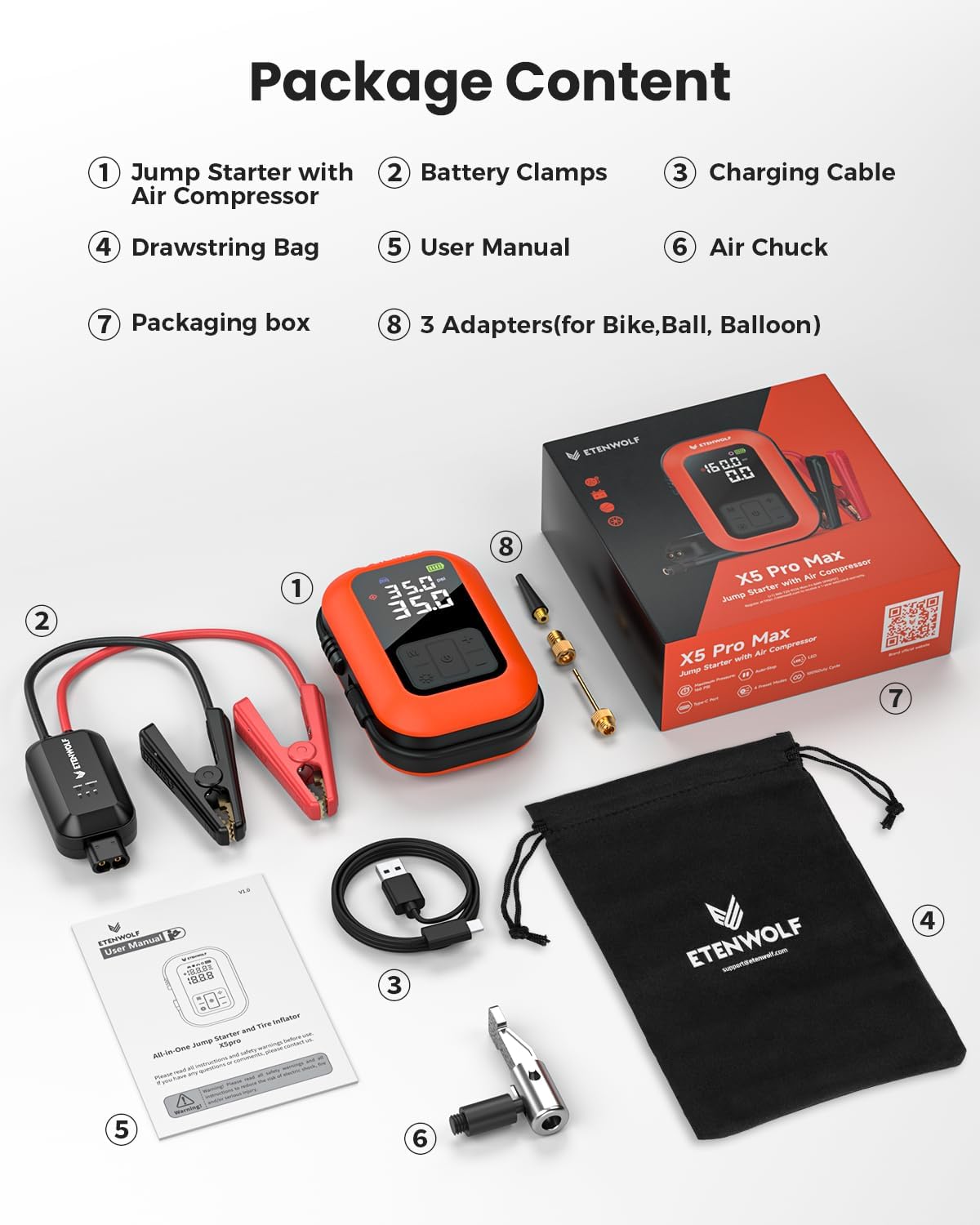 ETENWOLF 2000A Car Battery Jump Starter with 160PSI Air Compressor