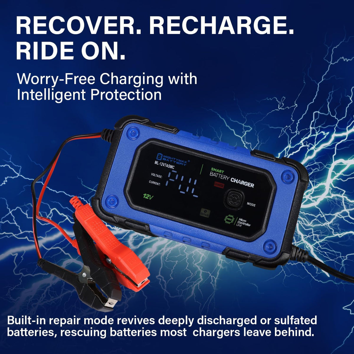 Mighty Max Battery 12V 7A Smart Battery Charger and Maintainer with Repair Mode Compatible with LiFePO4, SLA, Gel, AGM and Wet Cell Batteries