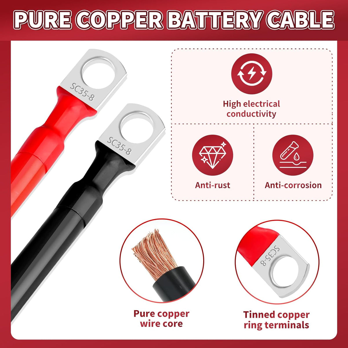 2 AWG Battery Cable 2 Pcs, 11.8 Inch Battery Cables with M8 Ring Terminals, Marine Batterys Cables Pure Copper, Batterys Ground Cable for Motorcycle, Car, Truck, Rv, Boat
