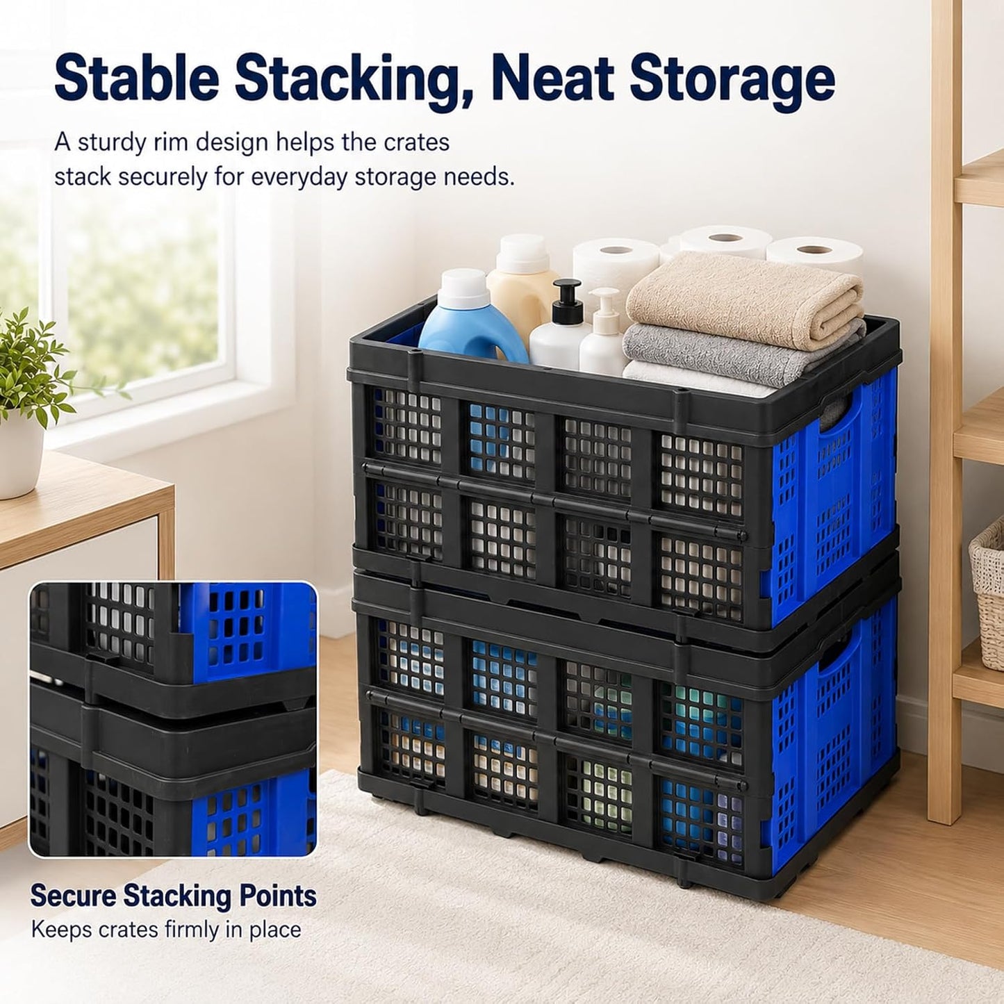 Collapsible Storage Crates 2 Pack, Heavy Duty Foldable Plastic Storage Bins, Stackable Garage & Trunk Organizers for Car, Home, Grocery & Moving Storage, 49L, Blue