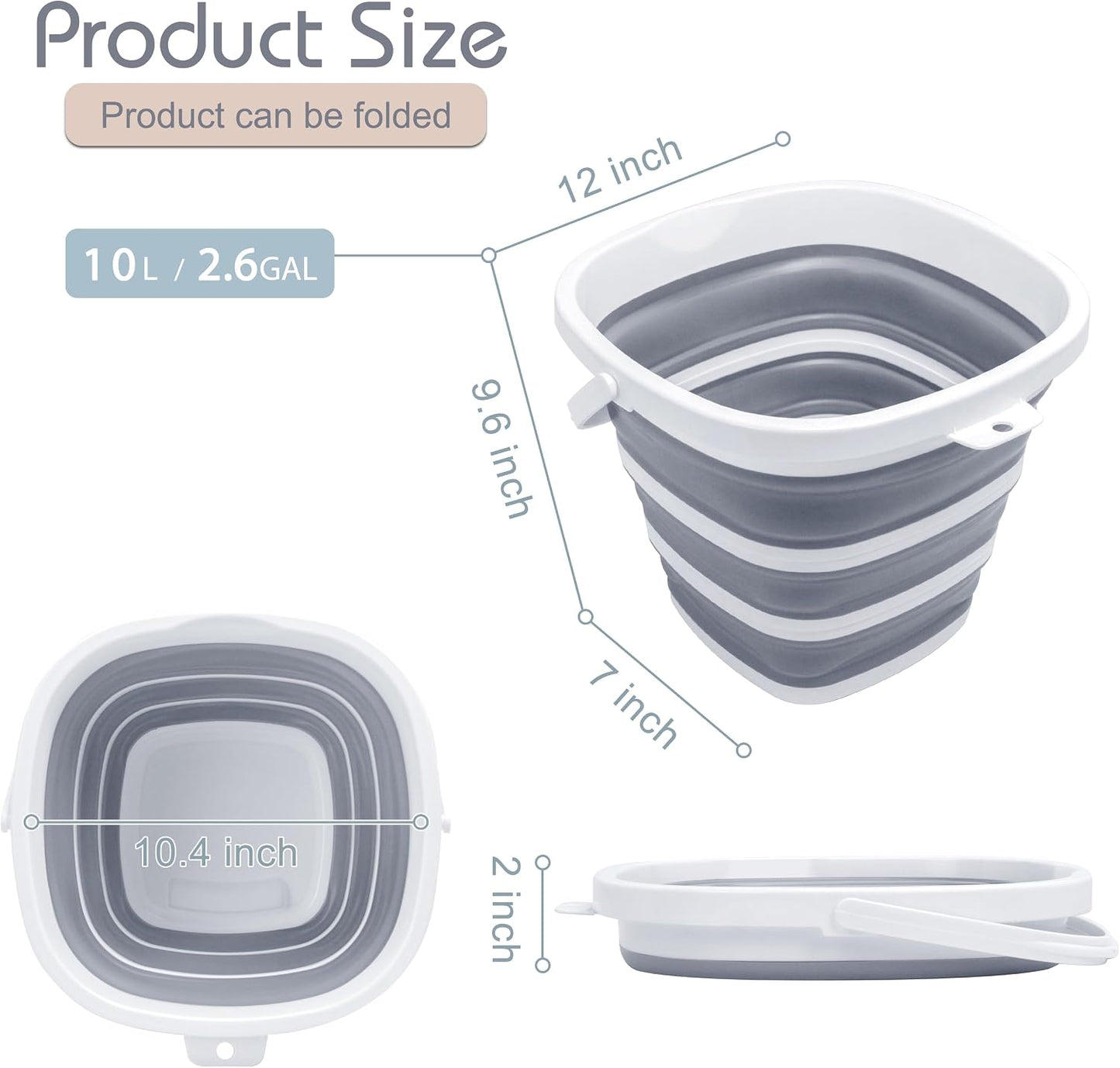 Goderewild Collapsible Bucket, 2.6 Gallon (10L) - Square Foldable Mop Bucket for House Cleaning, Car Washing, Camping - Portable Water Pail for Outdoor, RV, Travel (Grey)