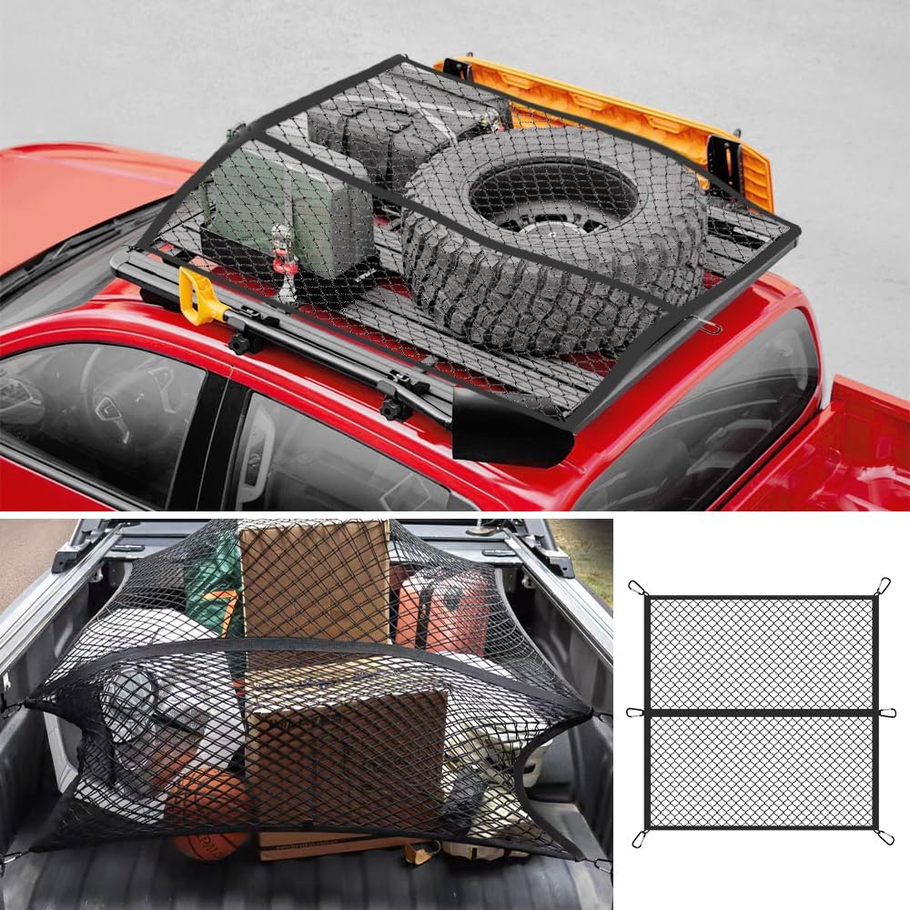 Foldable Cargo Net for Pickup Truck Bed,4' x 4' Ultra Strong Stretch to 8'x8' Truck Bed Organizer Includes 6 Pcs Carabiner Clips,Dual Use Cargo Net for Trucks SUV Car Trunks Organizer