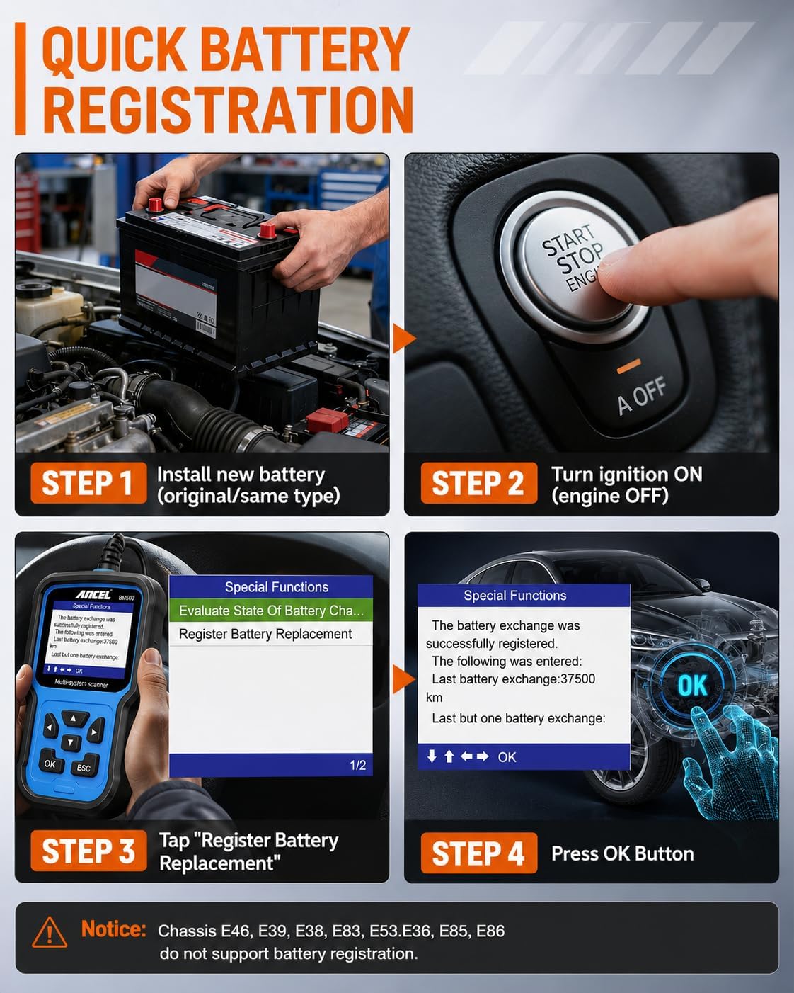 ANCEL BM500 OBD2 Scanner for BMW & MINI, Battery Registration