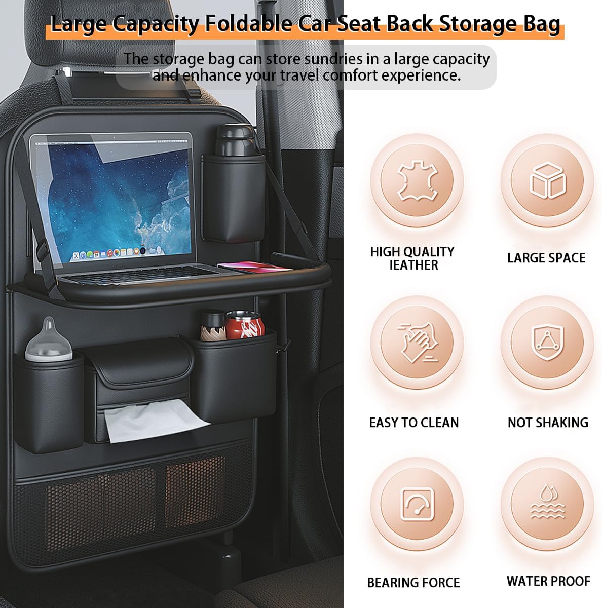 Popular Items Rear Seat Organizer, Premium Waterproof PU Leather Car Seat Back Pocket with Stain Proof iPad Storage, Black